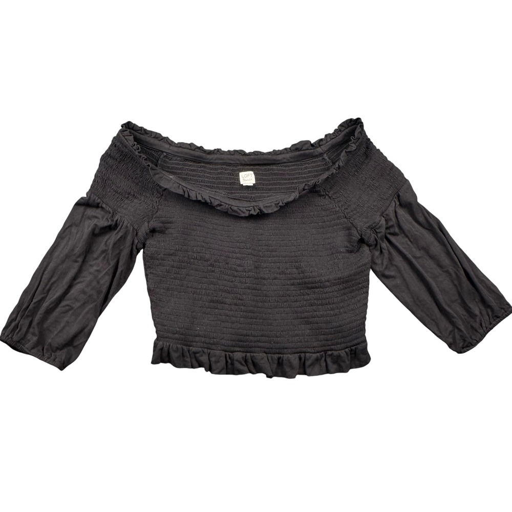 Loft Beach Black Smocked Off the Shoulder Ruffle Crop Top Womens Medium 844